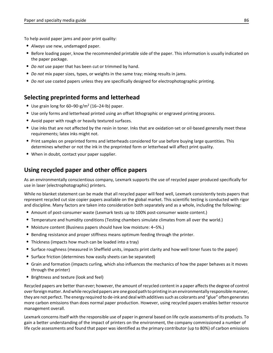 Lexmark MX6500E manual Selecting preprinted forms and letterhead, Using recycled paper and other office papers 