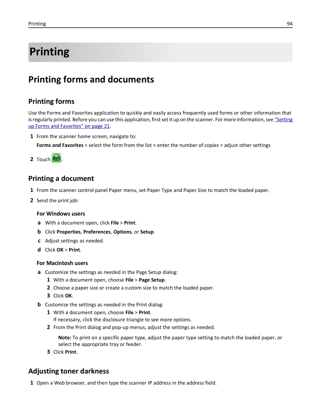 Lexmark MX6500E manual Printing forms and documents, Printing a document, Adjusting toner darkness 