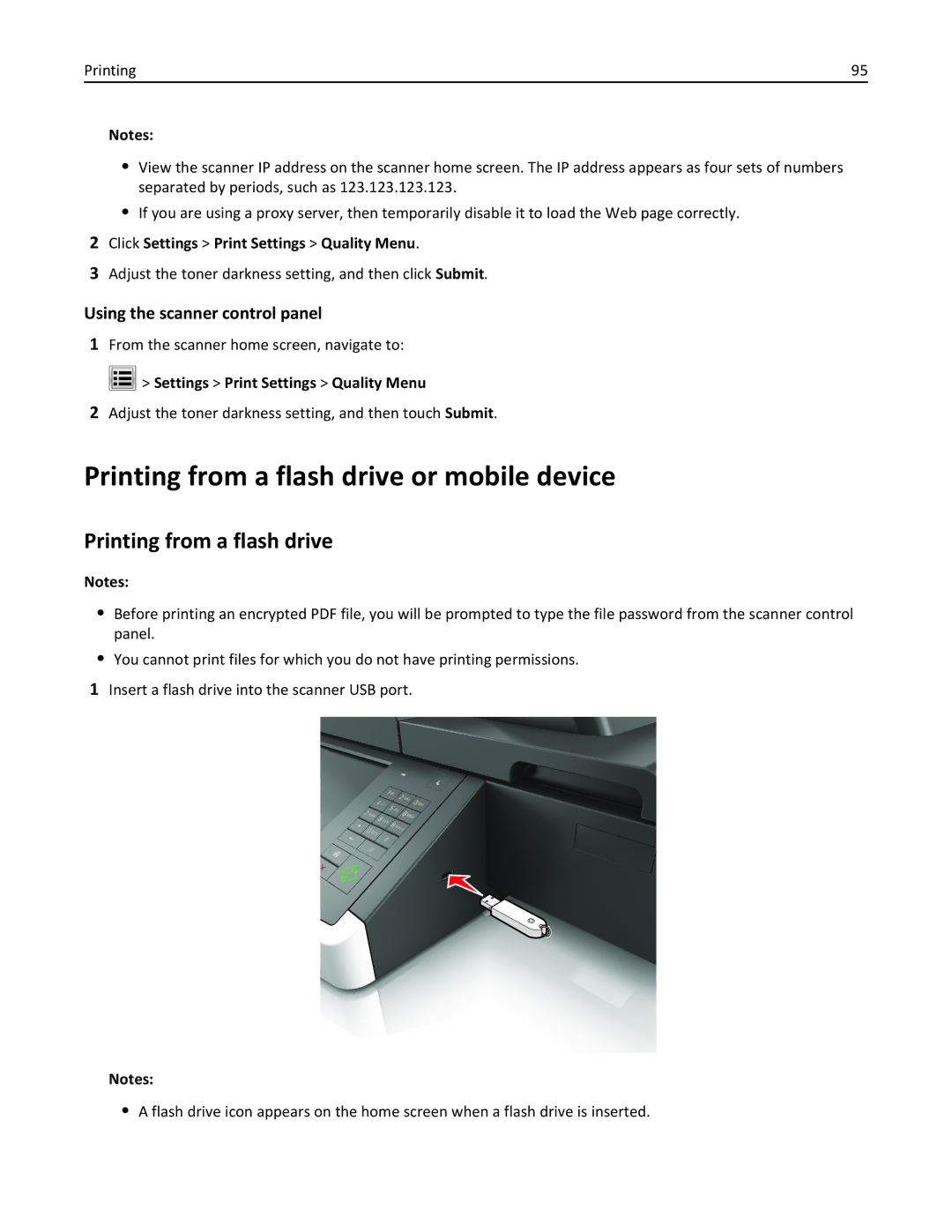 Lexmark MX6500E manual Printing from a flash drive or mobile device, Click Settings Print Settings Quality Menu 