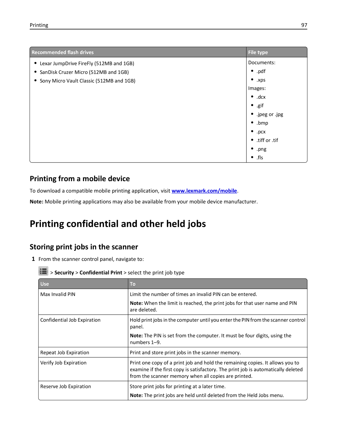 Lexmark MX6500E manual Printing confidential and other held jobs, Printing from a mobile device 