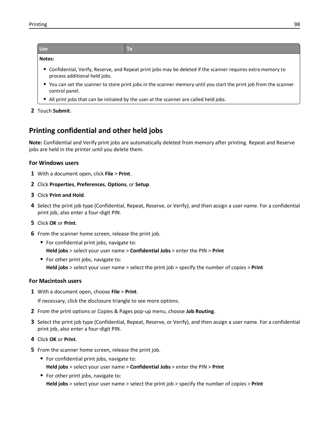 Lexmark MX6500E manual Printing confidential and other held jobs, Touch Submit 