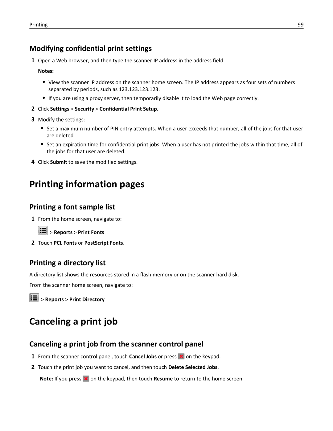 Lexmark MX6500E manual Printing information pages, Canceling a print job 