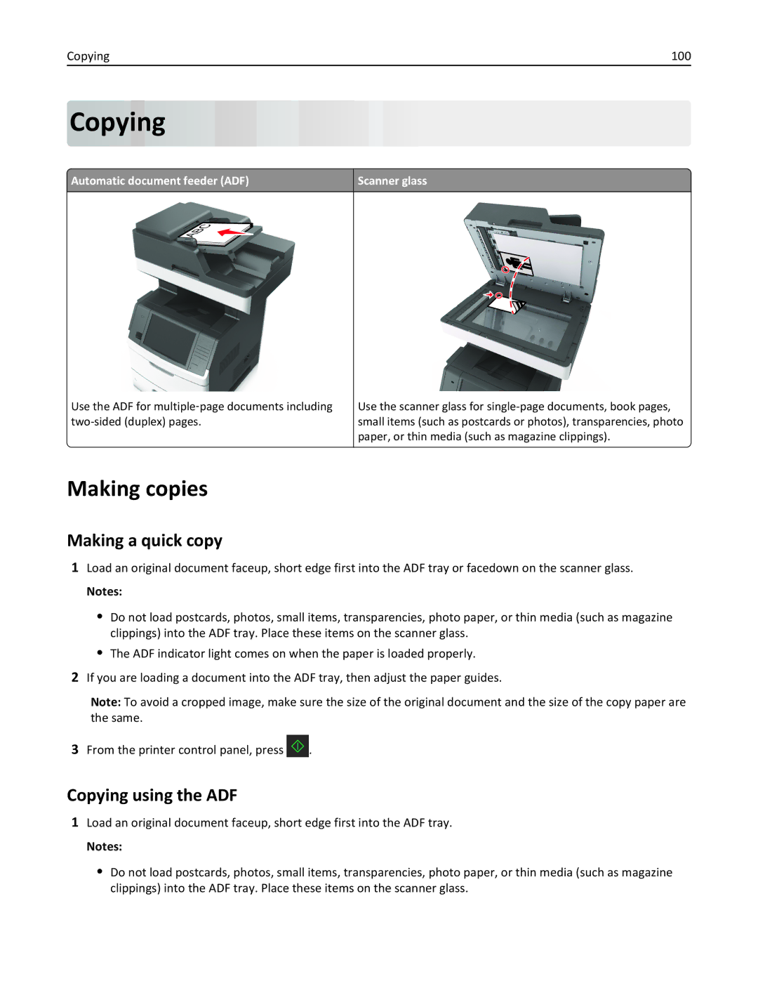 Lexmark MX710DHE, 24T7310, 237, 037 manual Making copies, Making a quick copy, Copying using the ADF, Copying 100 