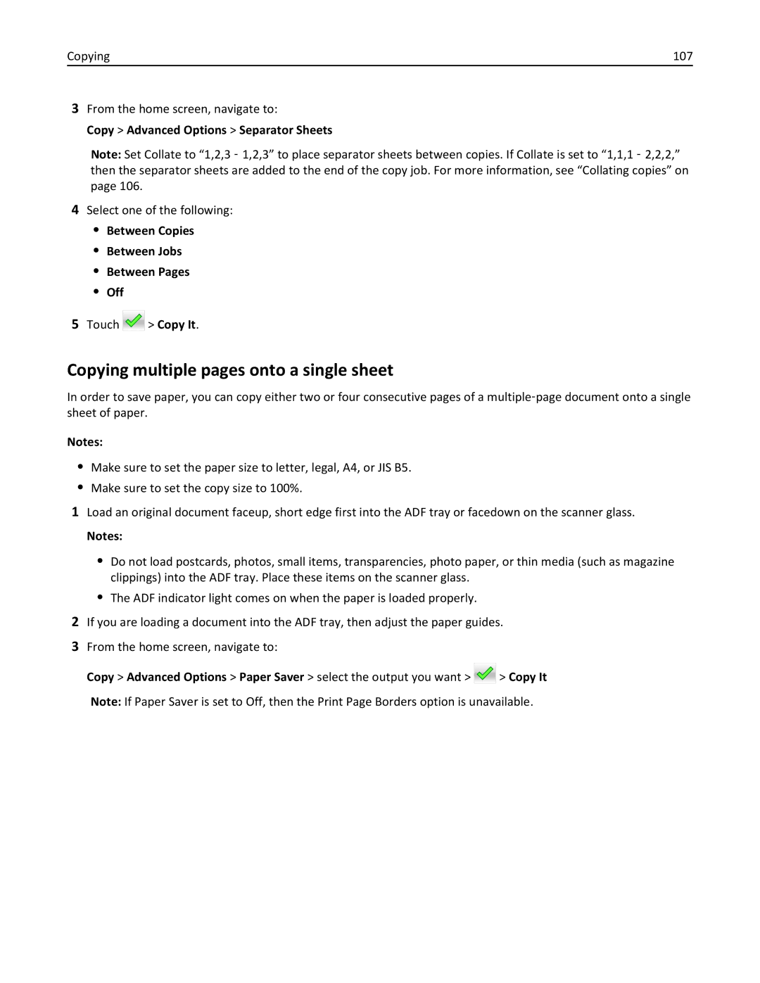 Lexmark 24T7310, MX710DHE, 237 Copying multiple pages onto a single sheet, Copying 107 From the home screen, navigate to 