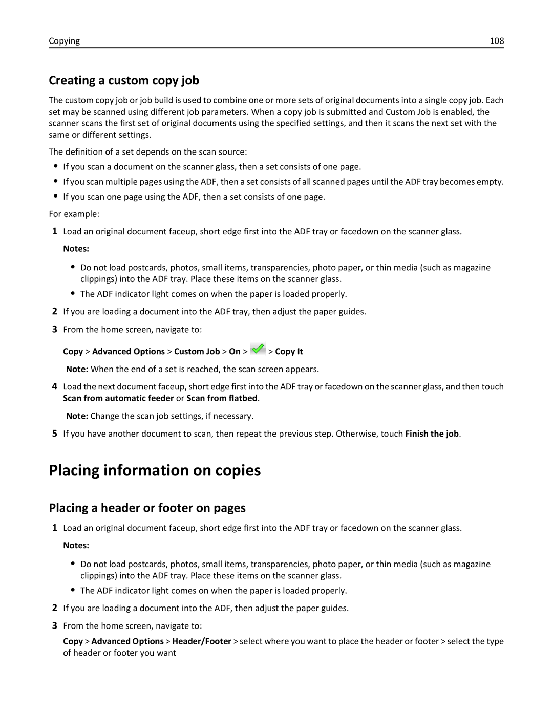 Lexmark 237 Placing information on copies, Creating a custom copy job, Placing a header or footer on pages, Copying 108 