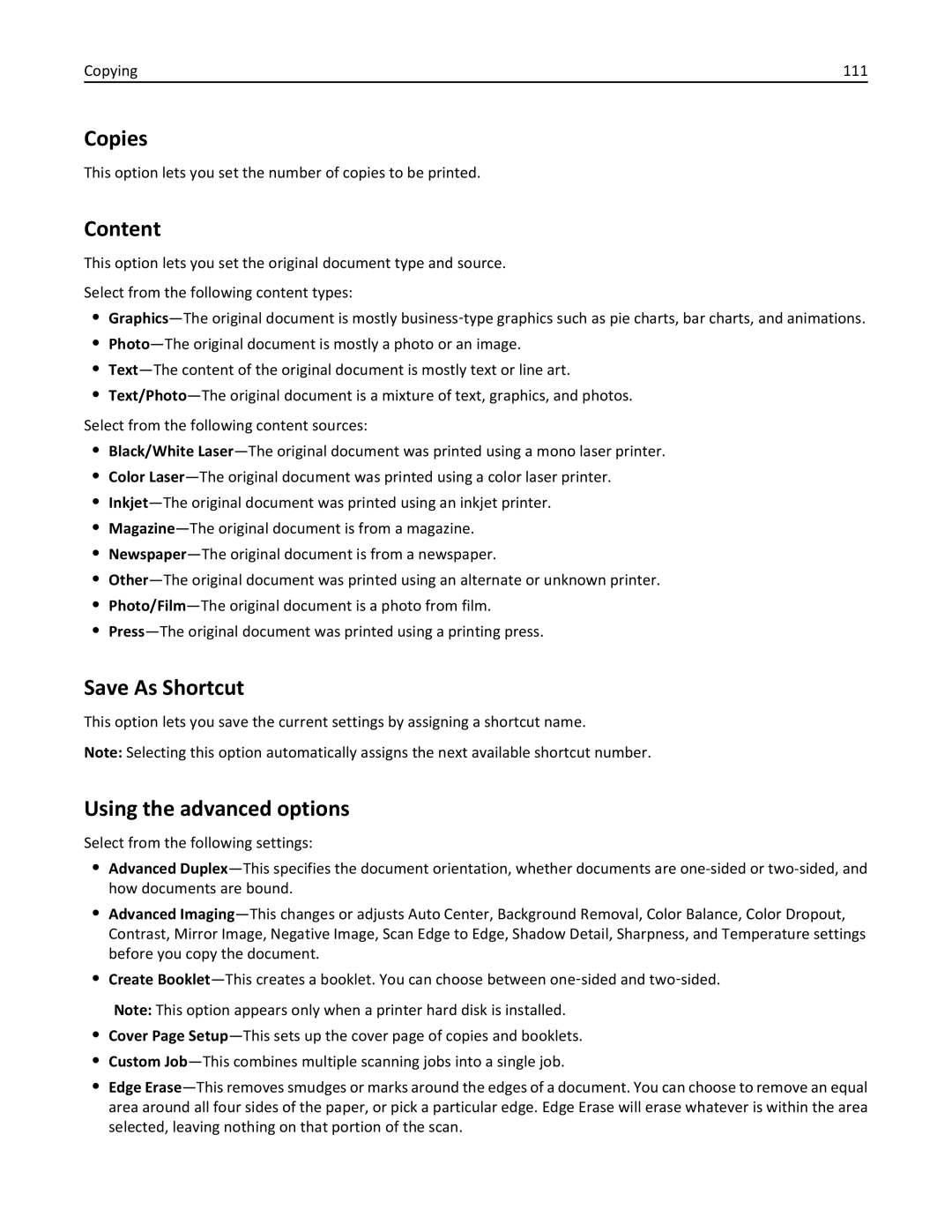 Lexmark MX710DHE, 24T7310, 237, 037 manual Copies, Content, Save As Shortcut, Using the advanced options 