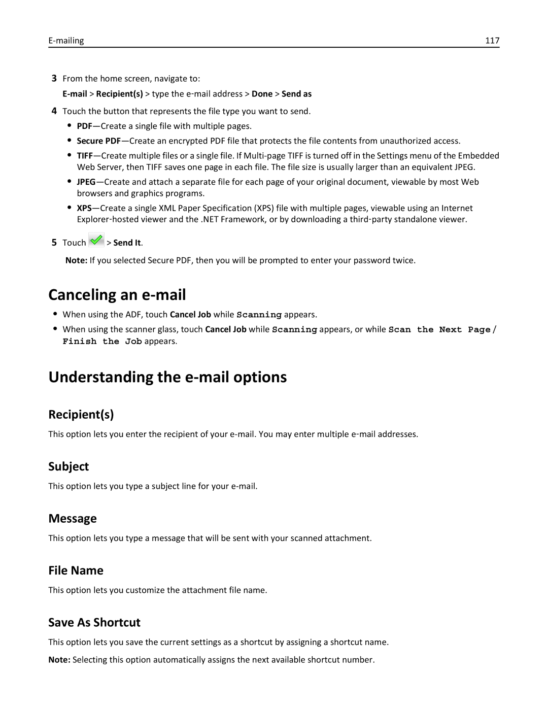 Lexmark 24T7310, MX710DHE, 237, 037 manual Canceling an e-mail, Understanding the e-mail options 