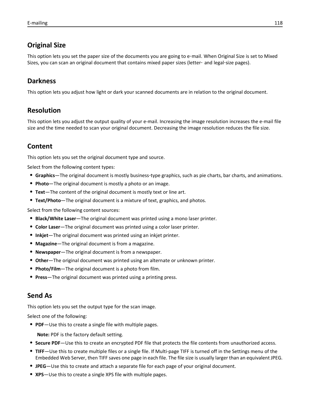 Lexmark 237, MX710DHE, 24T7310, 037 manual Original Size, Resolution, Send As, Mailing 118 