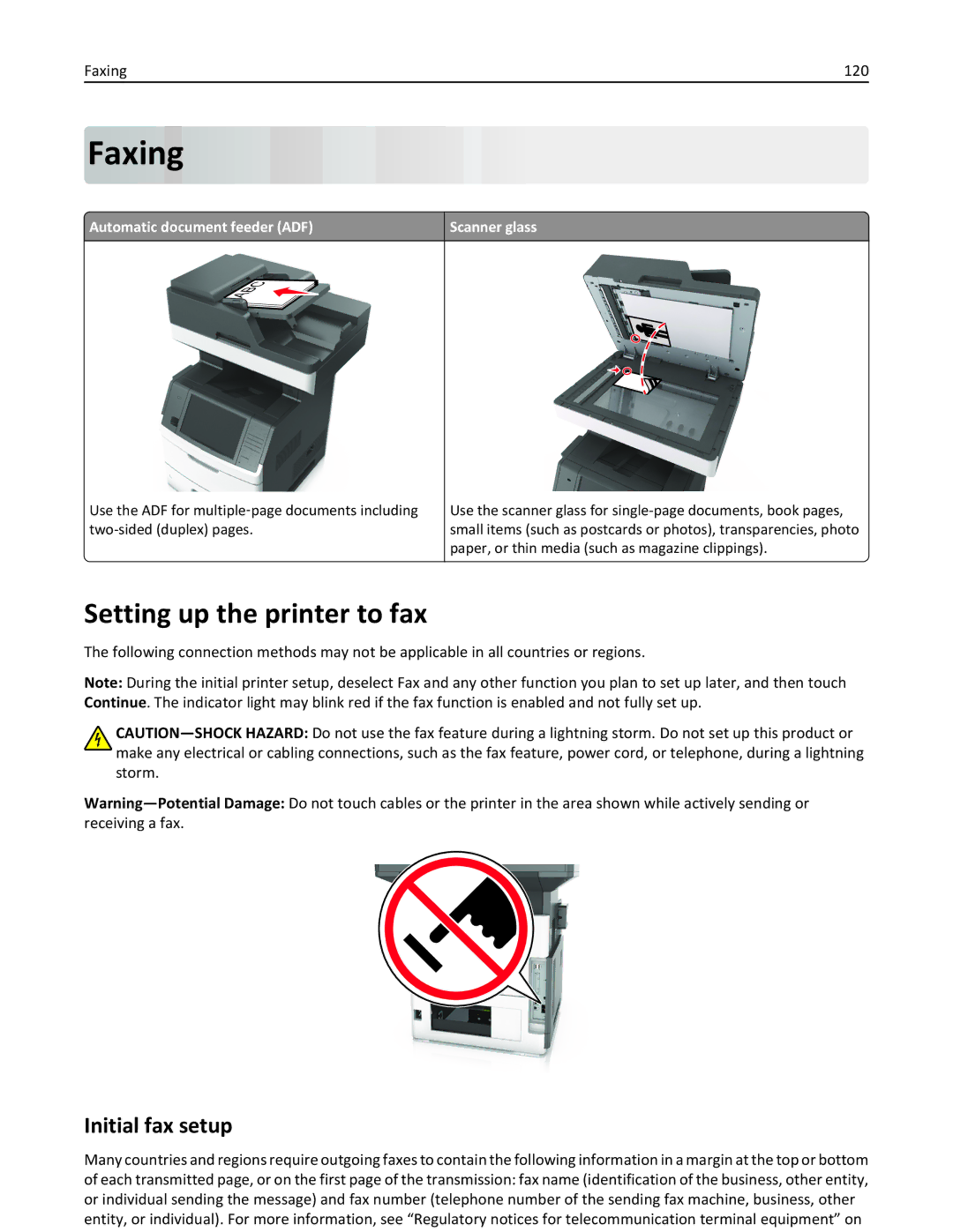 Lexmark MX710DHE, 24T7310, 237, 037 manual Setting up the printer to fax, Initial fax setup, Faxing 120 