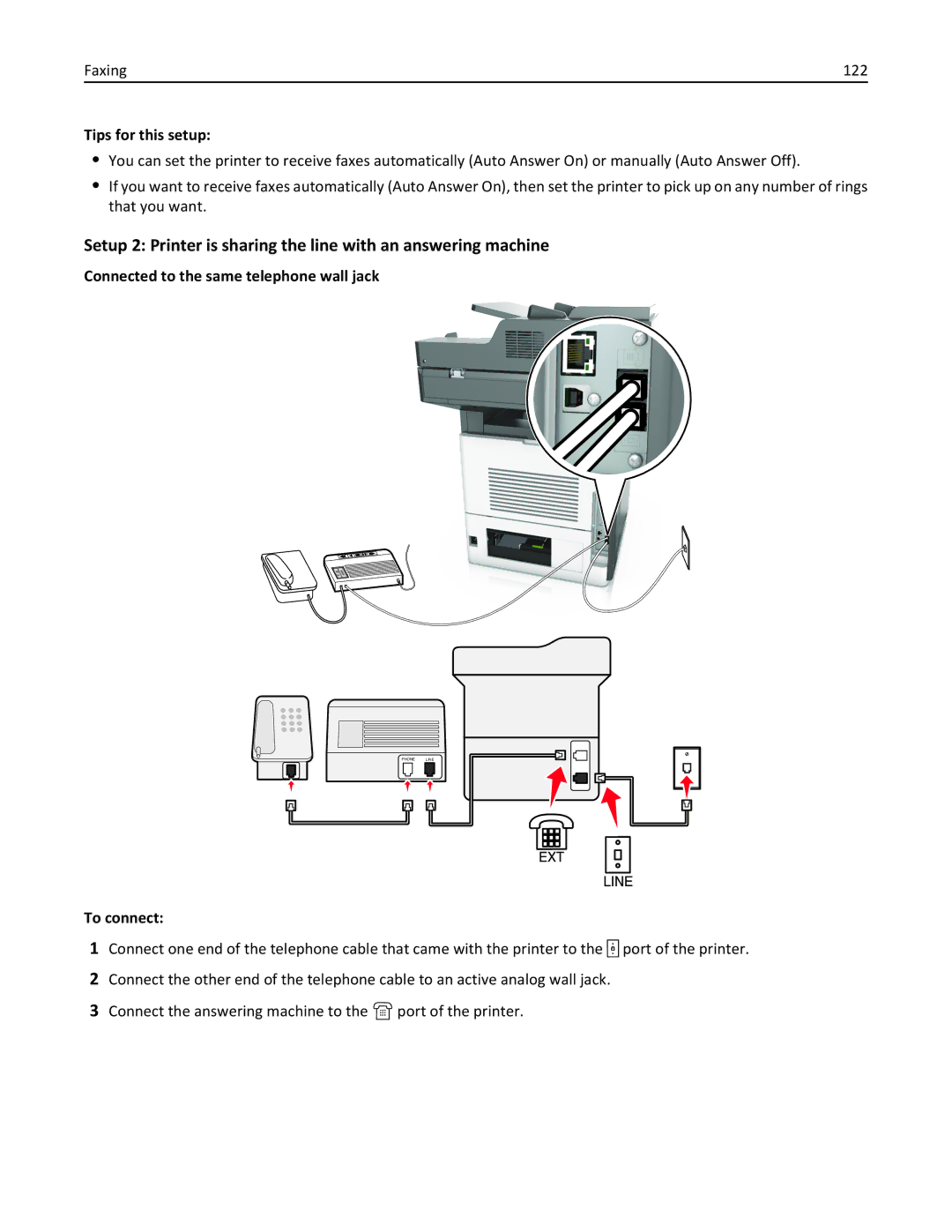 Lexmark 24T7310, MX710DHE, 237, 037 manual Faxing 122, Tips for this setup, Connected to the same telephone wall jack 