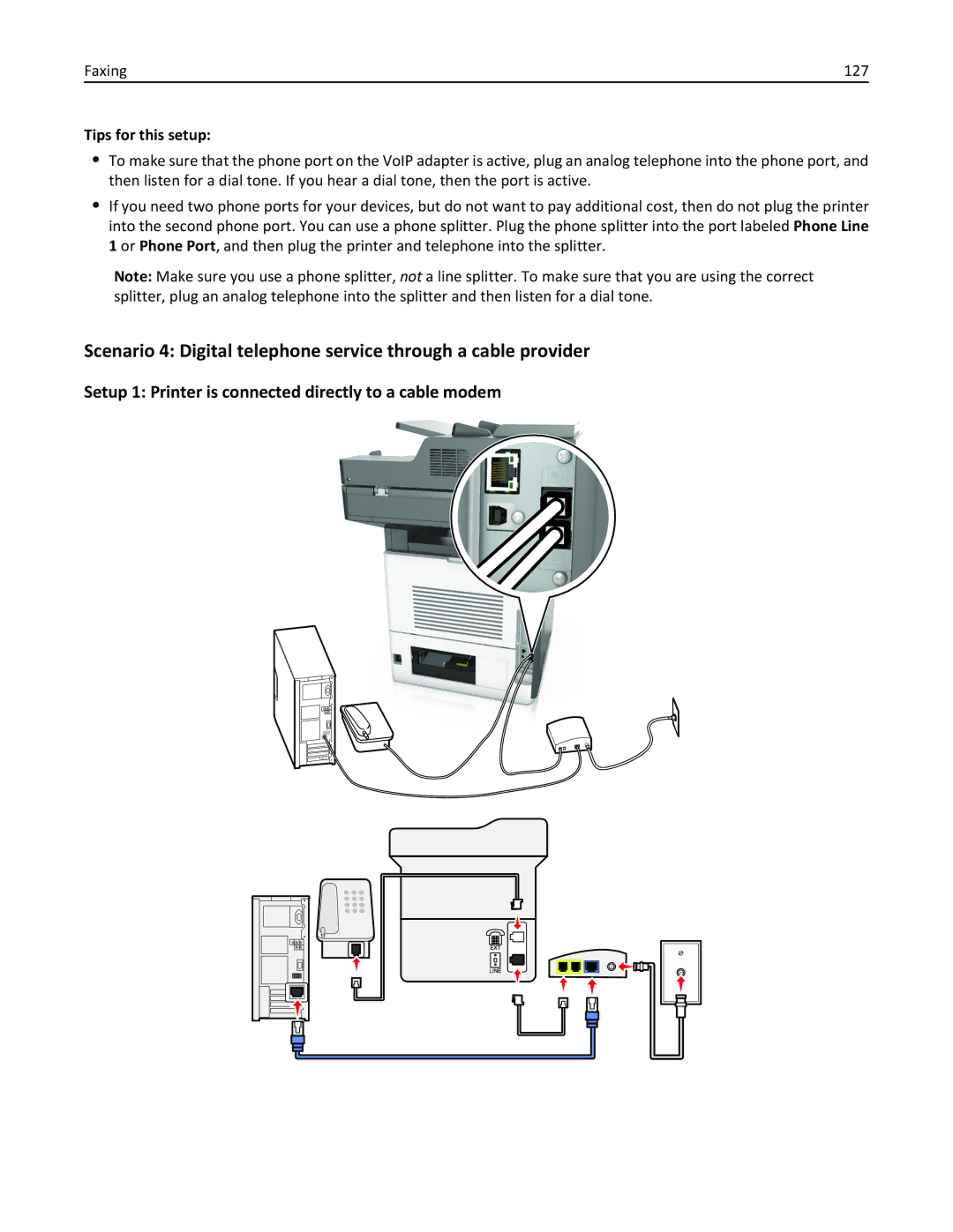 Lexmark 24T7310, MX710DHE, 237, 037 manual Setup 1 Printer is connected directly to a cable modem, Faxing 127 