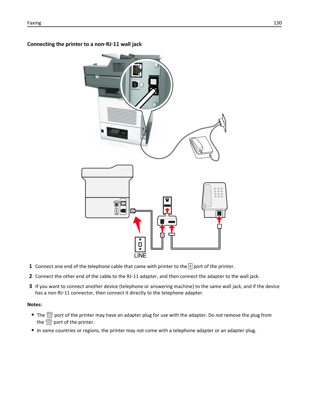 Lexmark MX710DHE, 24T7310, 237, 037 manual Connecting the printer to a non‑RJ‑11 wall jack, Faxing 130 