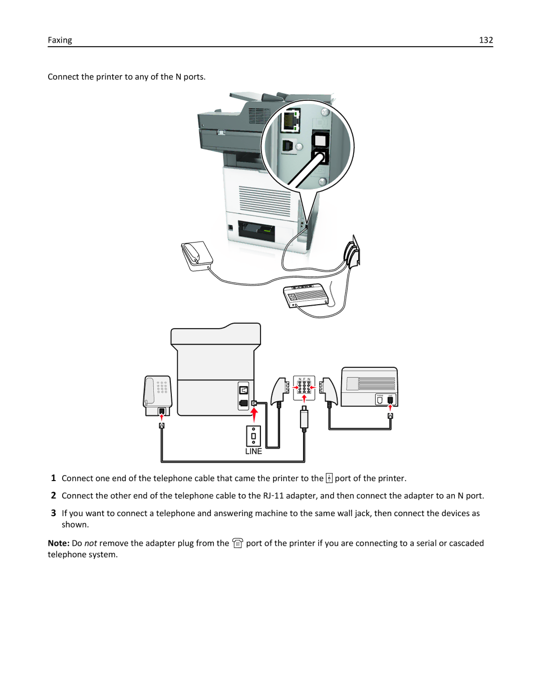 Lexmark 24T7310, MX710DHE, 237, 037 manual Faxing 132 Connect the printer to any of the N ports 