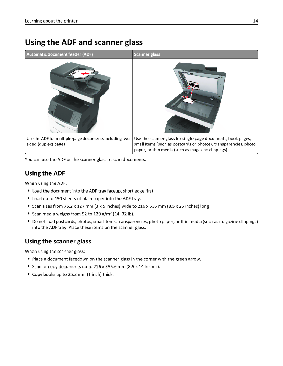 Lexmark 037, MX710 Using the ADF and scanner glass, Using the scanner glass, Automatic document feeder ADF Scanner glass 