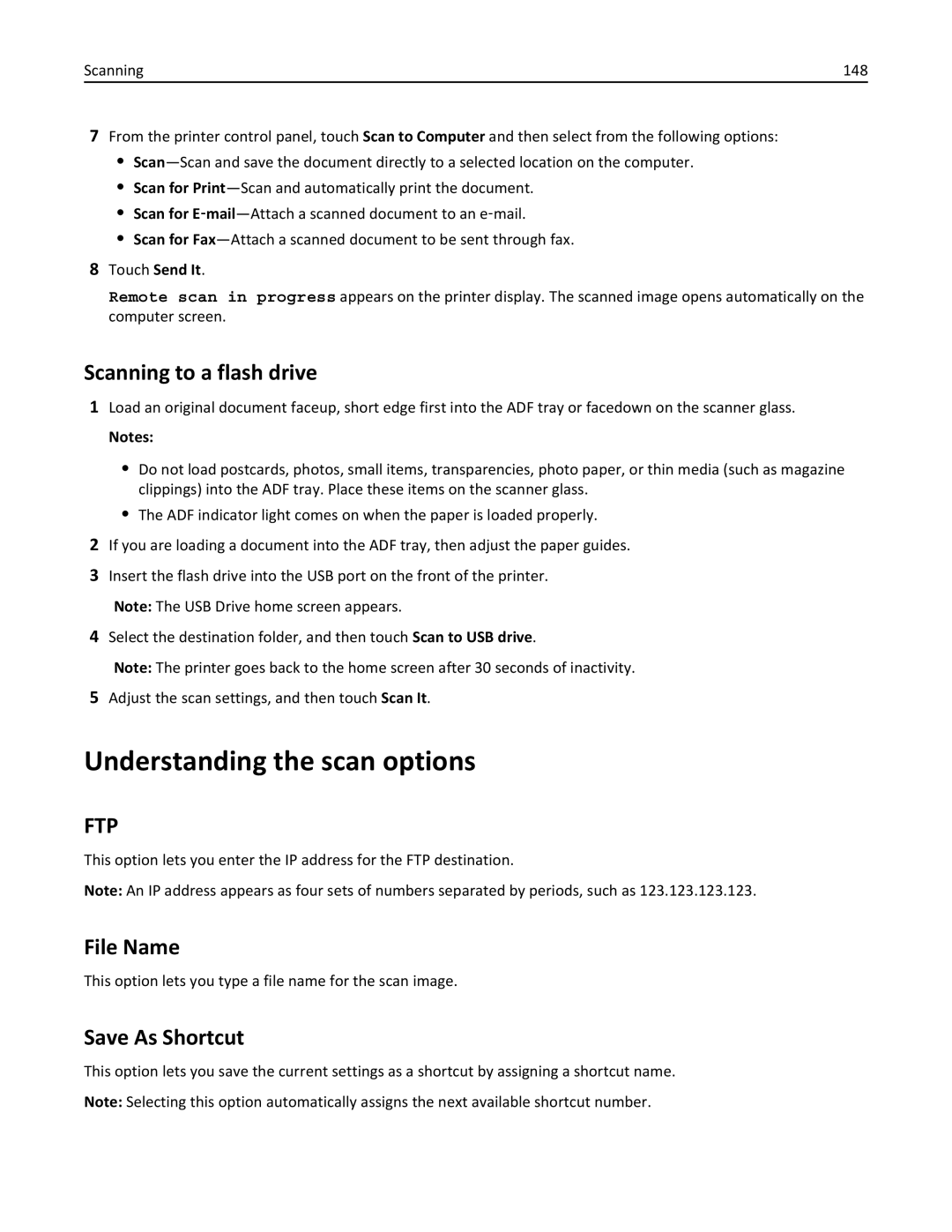 Lexmark 237, MX710DHE, 24T7310, 037 manual Understanding the scan options, Scanning to a flash drive 