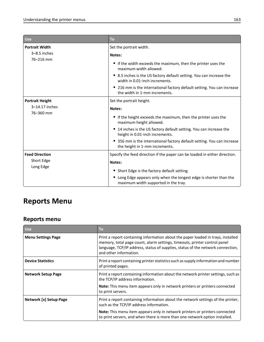 Lexmark 237, MX710DHE, 24T7310, 037 manual Reports Menu, Reports menu, Understanding the printer menus 163 