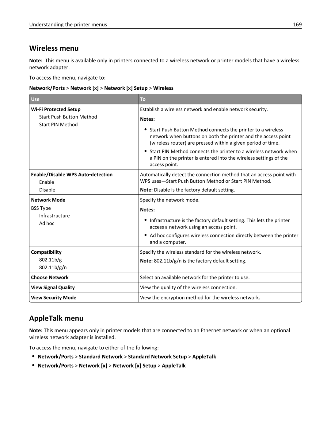 Lexmark 037, MX710DHE Wireless menu, AppleTalk menu, Understanding the printer menus 169, To access the menu, navigate to 