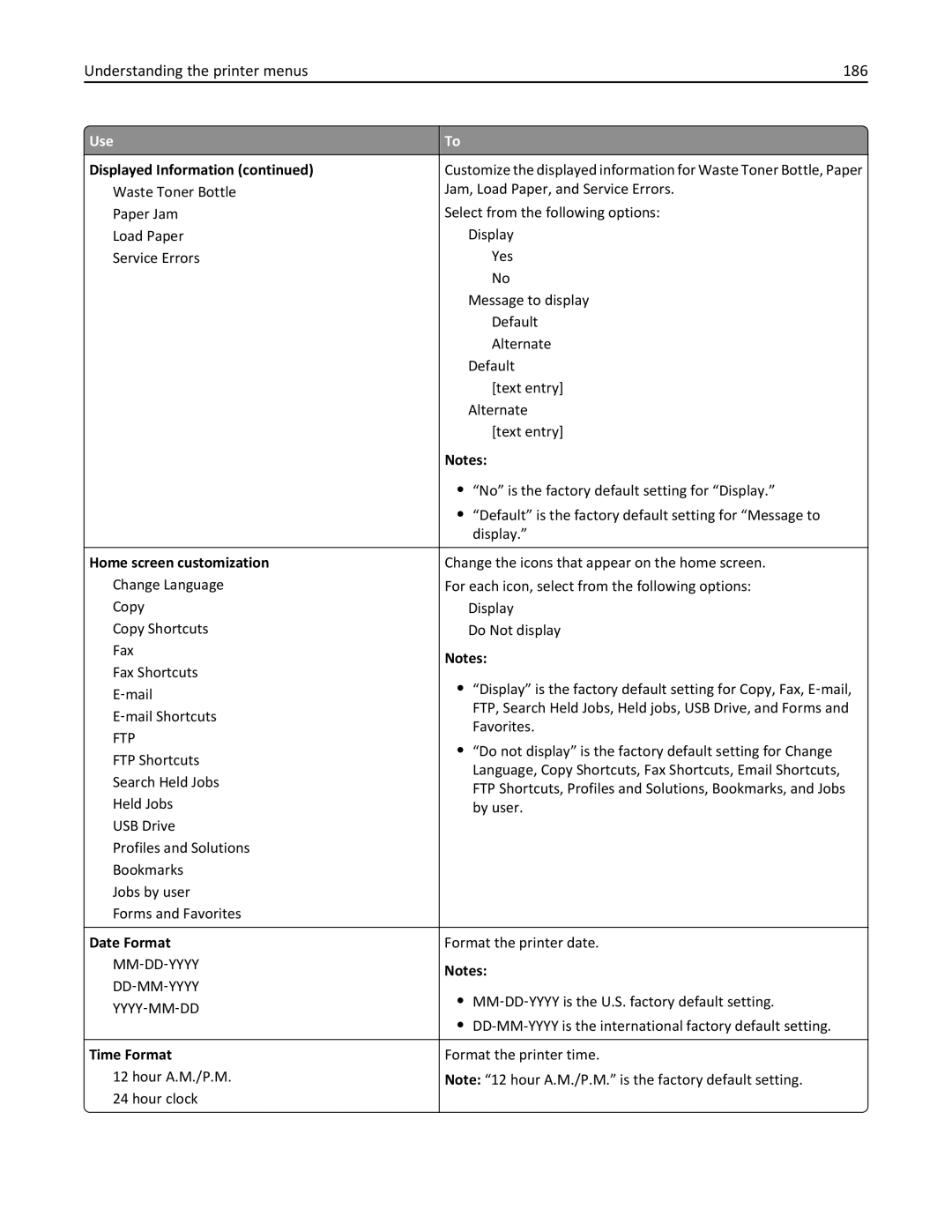 Lexmark MX710DHE, 24T7310, 237 Understanding the printer menus 186, Home screen customization, Date Format, Time Format 