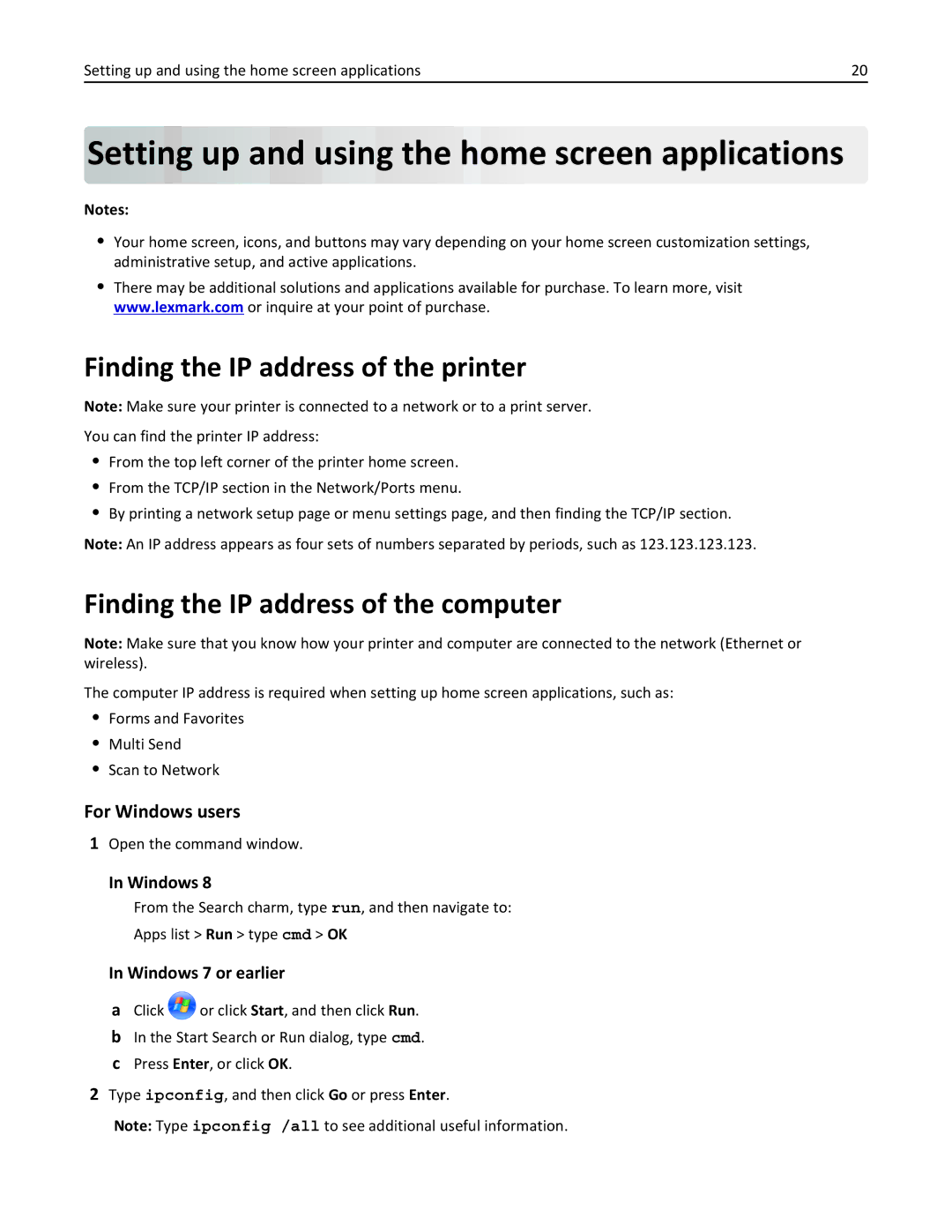 Lexmark MX710DHE, 24T7310, 237, 037 Setting up and using the home screen applications, Finding the IP address of the printer 