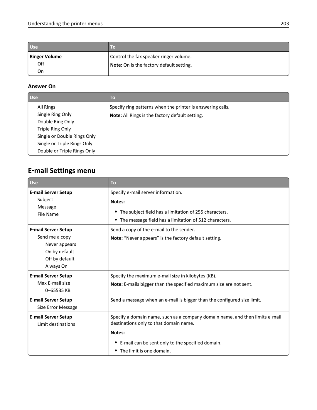 Lexmark 237, MX710 ‑mail Settings menu, Answer On, Understanding the printer menus 203, Ringer Volume, ‑mail Server Setup 