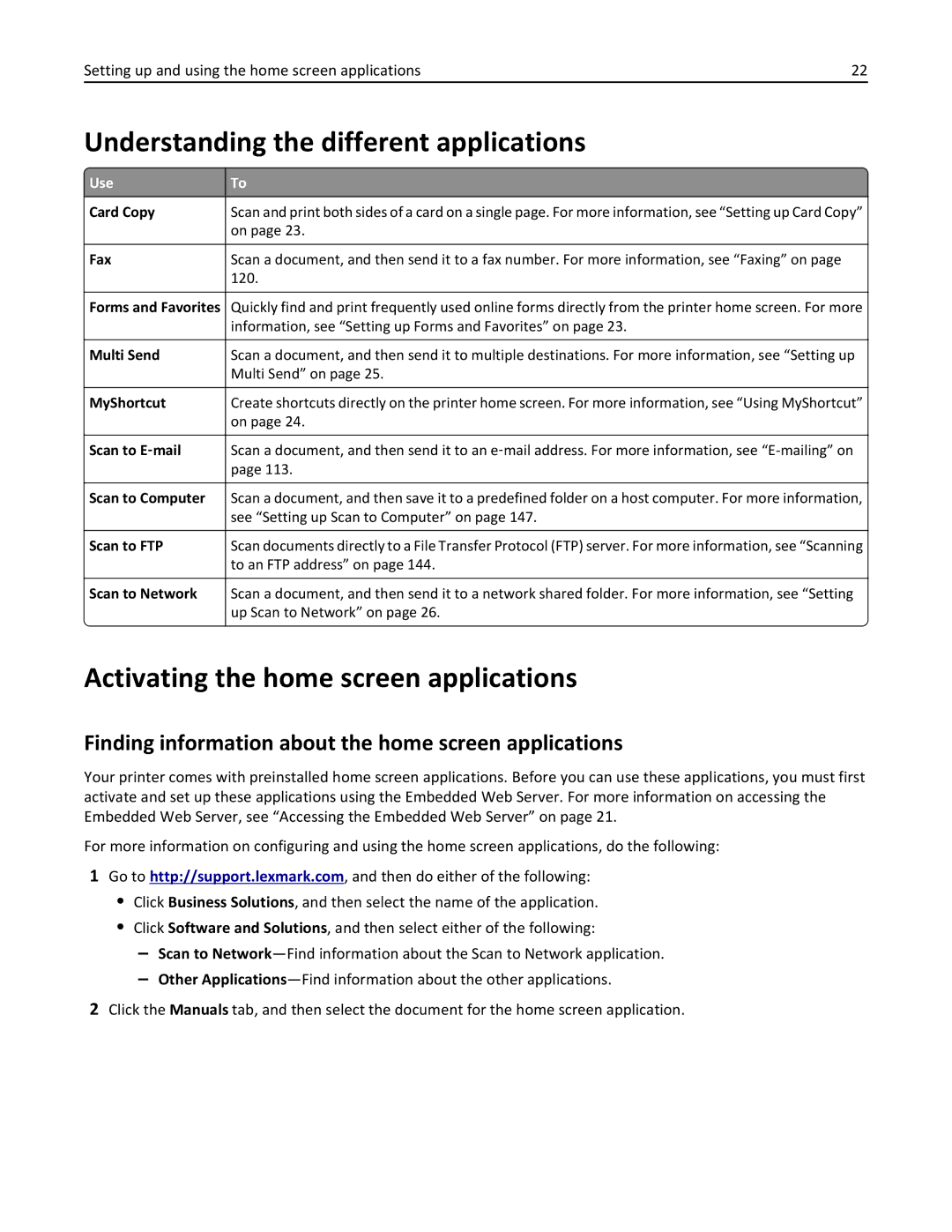 Lexmark 24T7310, MX710DHE, 237, 037 manual Understanding the different applications, Activating the home screen applications 