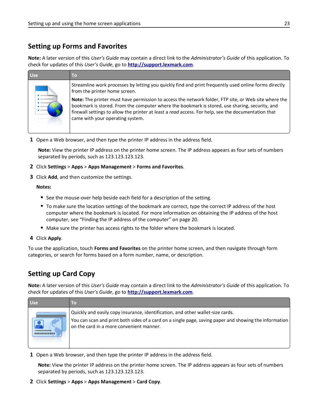 Lexmark 237 Setting up Forms and Favorites, Setting up Card Copy, Click Settings Apps Apps Management Forms and Favorites 