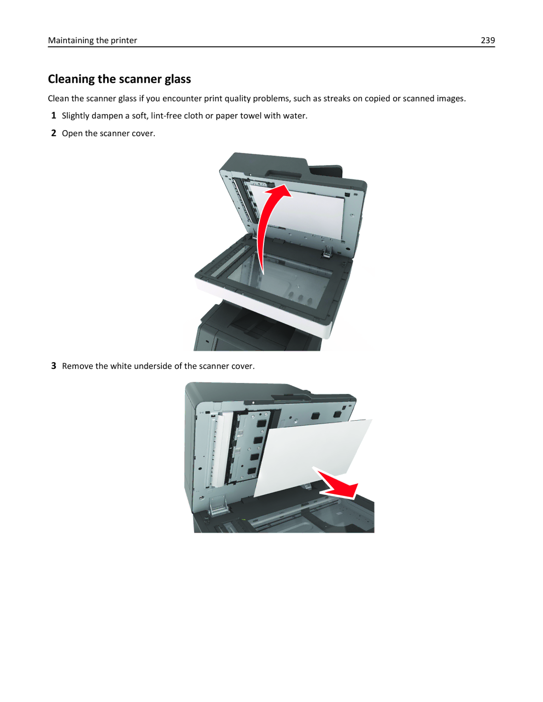 Lexmark 037, MX710DHE, 24T7310, 237 manual Cleaning the scanner glass, Maintaining the printer 239 