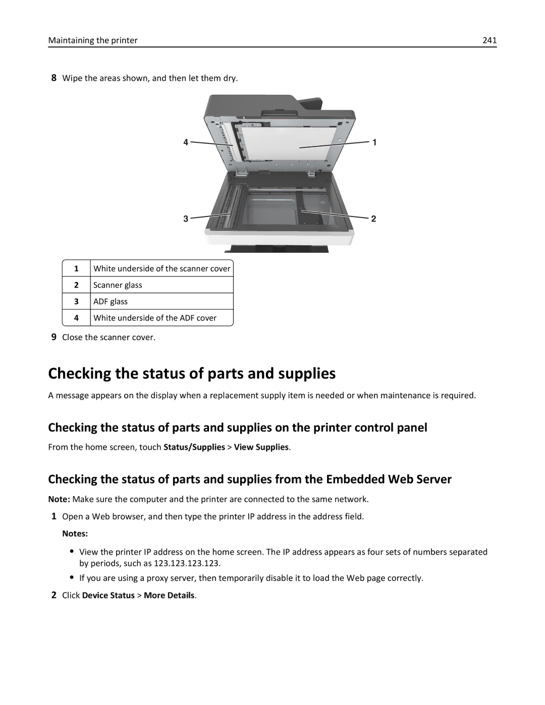 Lexmark MX710, 237 Checking the status of parts and supplies, Close the scanner cover, Click Device Status More Details 