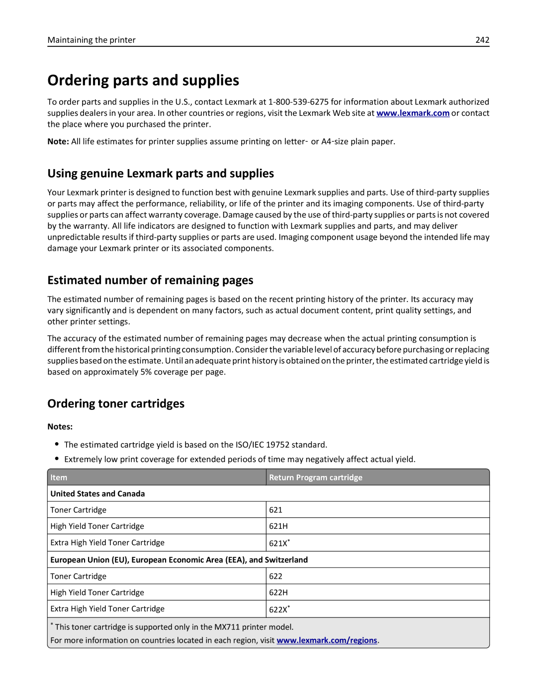 Lexmark 24T7310 Ordering parts and supplies, Using genuine Lexmark parts and supplies, Estimated number of remaining pages 