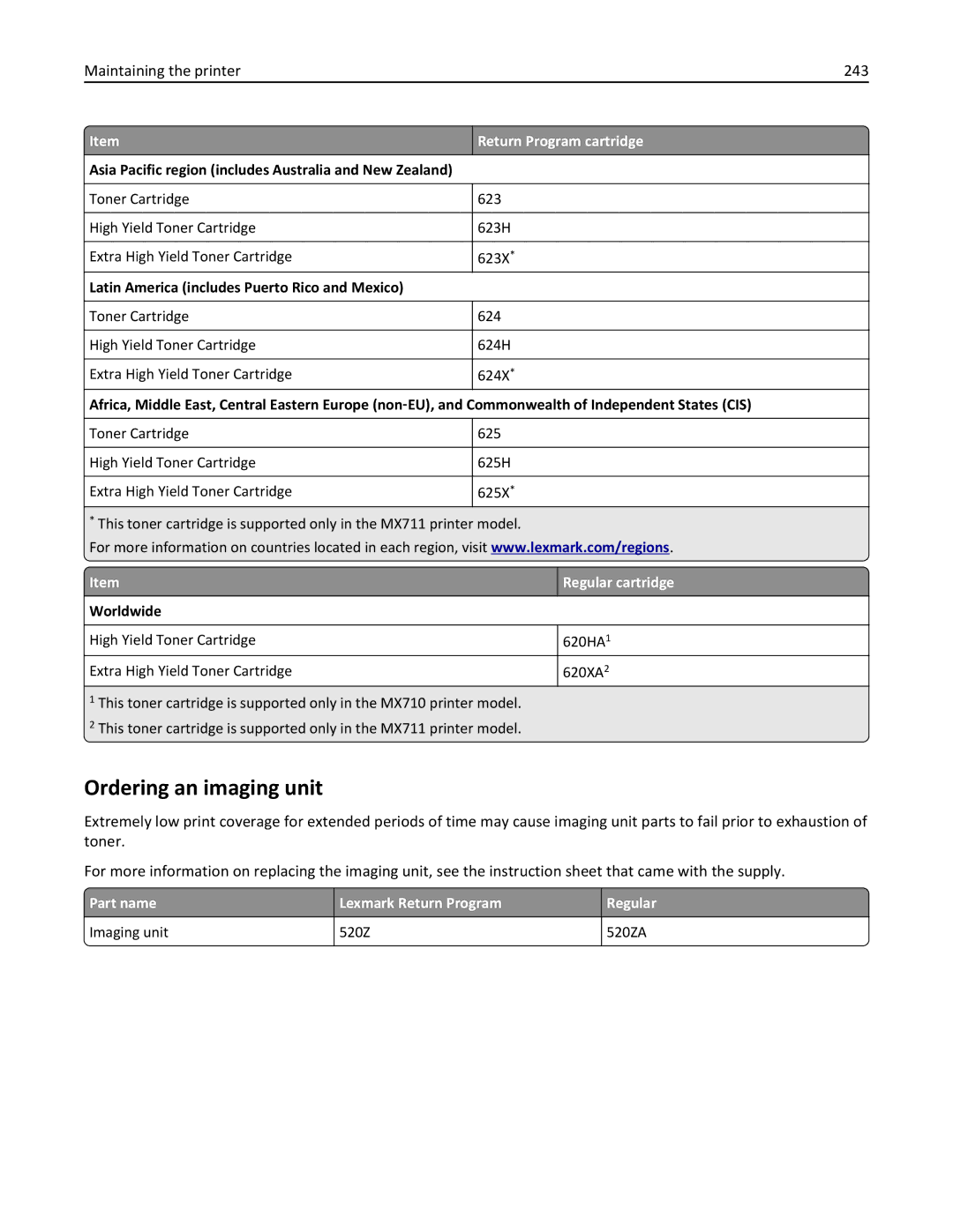 Lexmark 237, MX710DHE, 24T7310, 037 manual Ordering an imaging unit, Maintaining the printer 243, Regular cartridge, Part name 