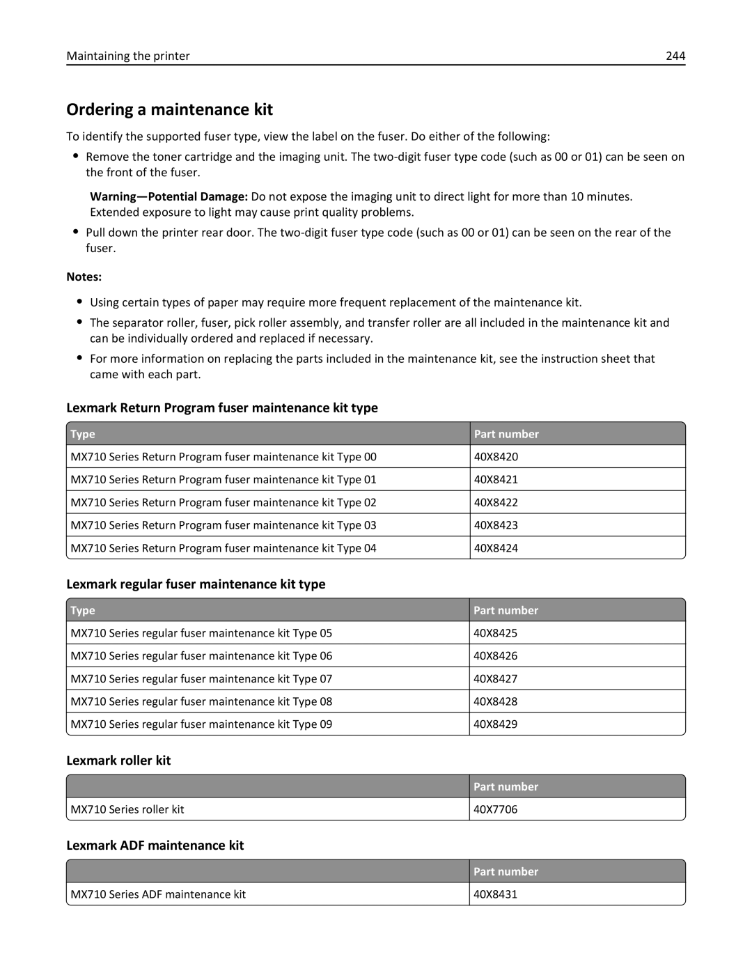 Lexmark 037, MX710DHE Ordering a maintenance kit, Lexmark Return Program fuser maintenance kit type, Lexmark roller kit 