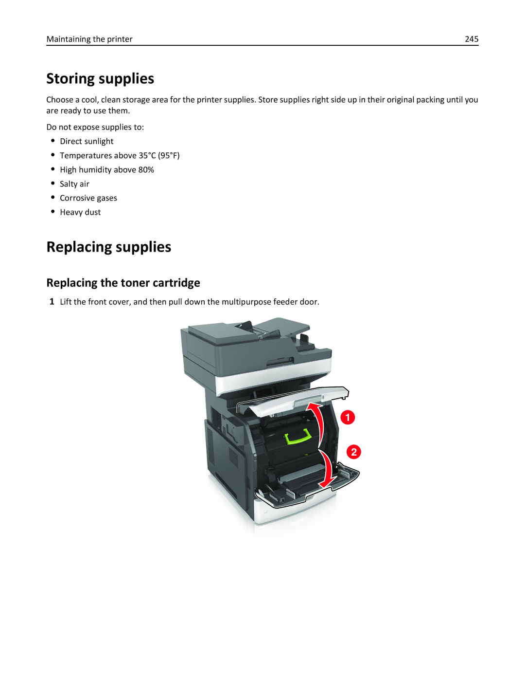 Lexmark MX710DHE, 24T7310 Storing supplies, Replacing supplies, Replacing the toner cartridge, Maintaining the printer 245 