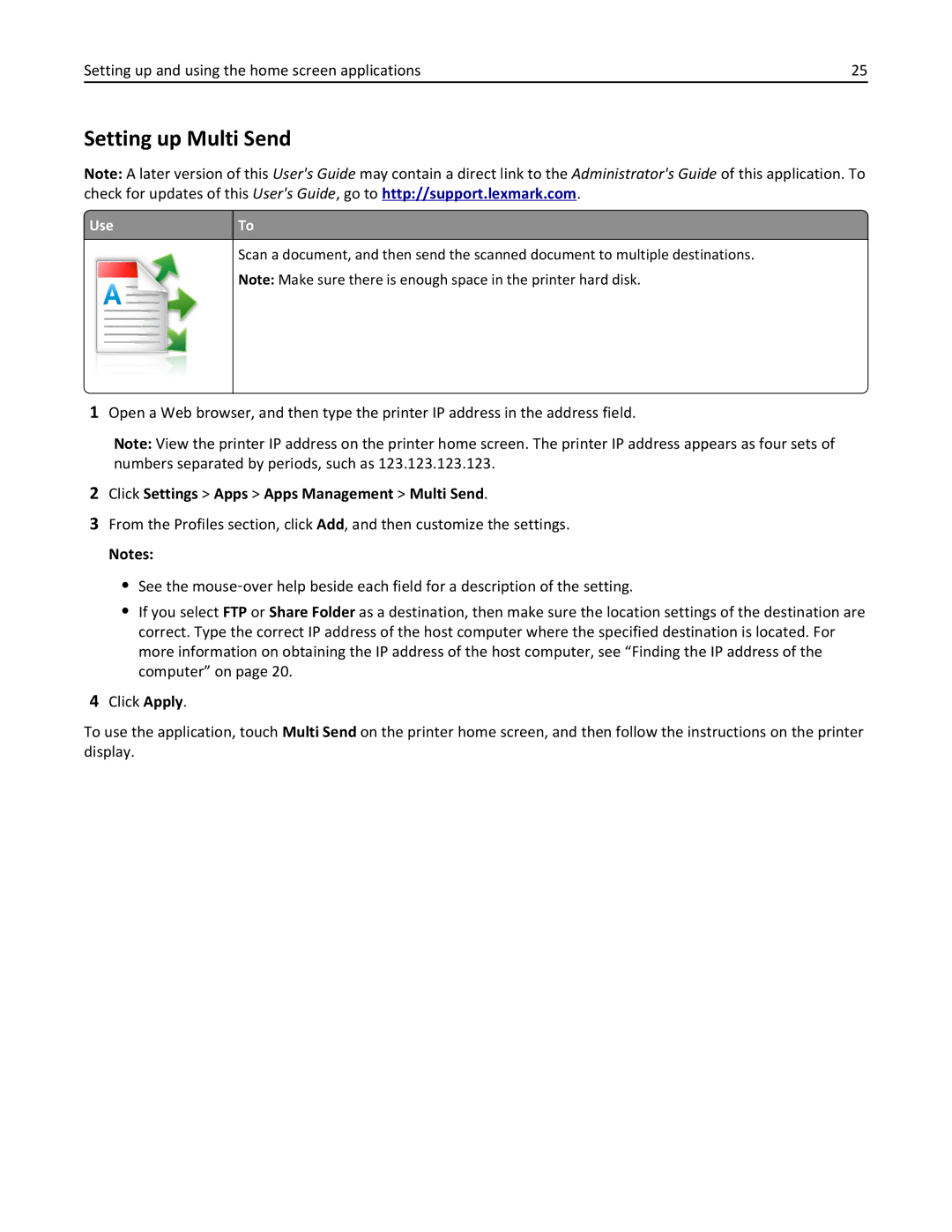 Lexmark MX710DHE, 24T7310, 237, 037 manual Setting up Multi Send, Click Settings Apps Apps Management Multi Send 