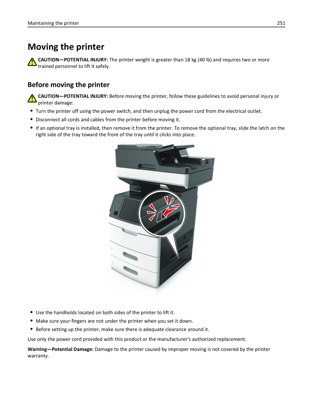 Lexmark MX710DHE, 24T7310, 237, 037 manual Moving the printer, Before moving the printer, Maintaining the printer 251 