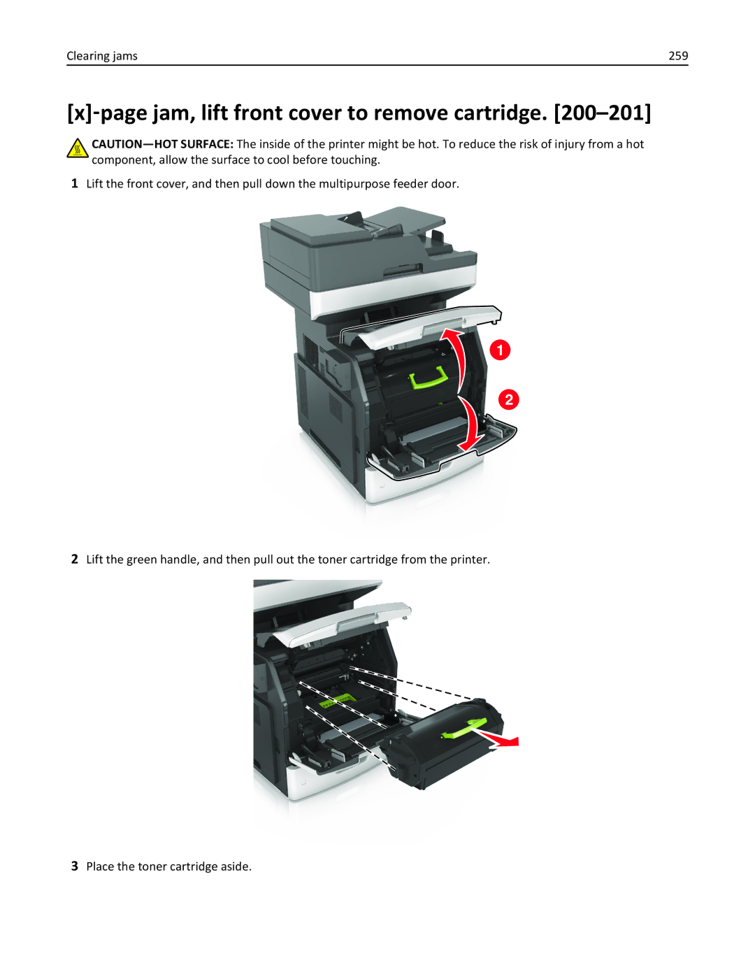 Lexmark 037, MX710DHE, 24T7310, 237 manual ‑page jam, lift front cover to remove cartridge, Clearing jams 259 