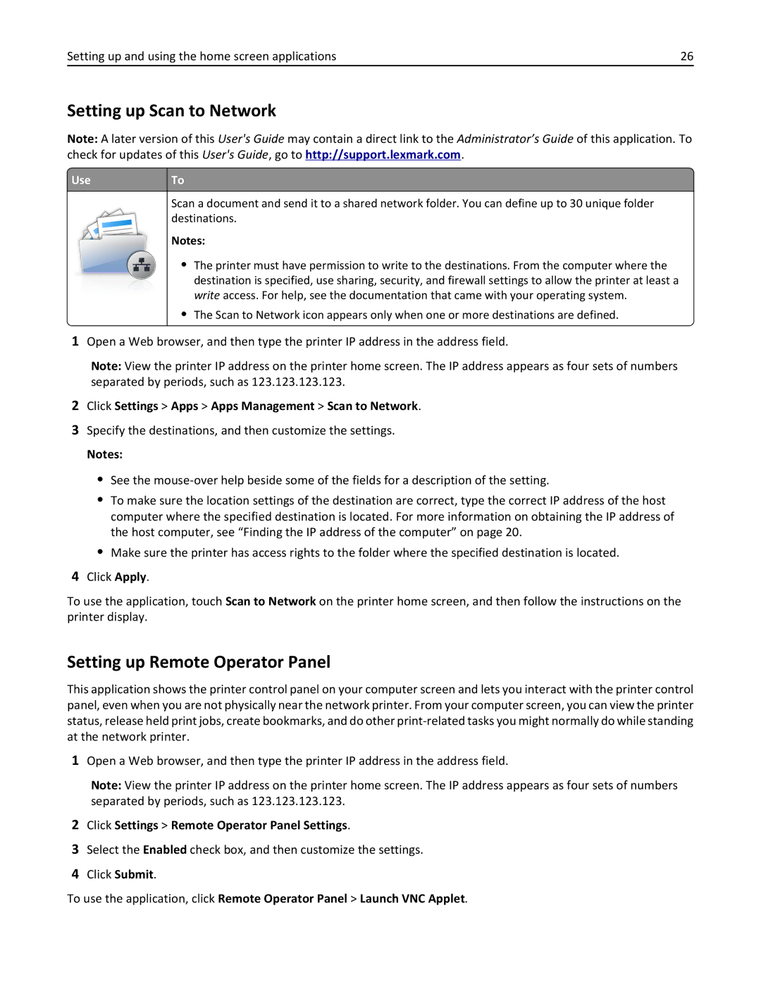 Lexmark MX710 Setting up Scan to Network, Setting up Remote Operator Panel, Click Settings Remote Operator Panel Settings 