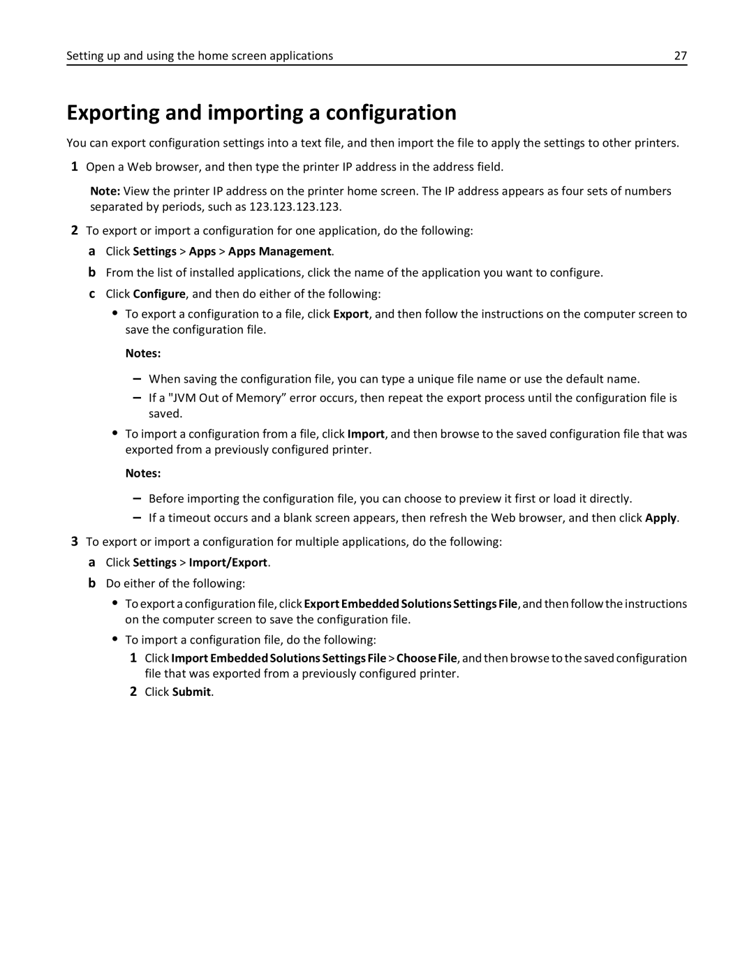 Lexmark 24T7310, MX710DHE, 237, 037 manual Exporting and importing a configuration, Click Settings Import/Export 