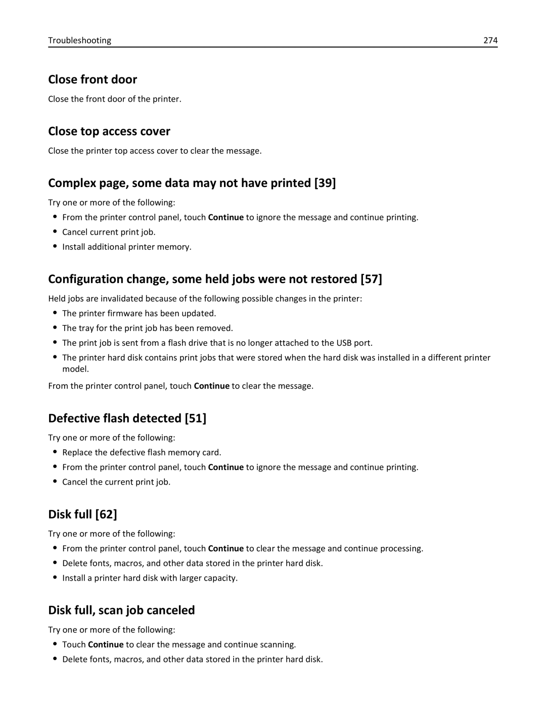 Lexmark 037, MX710DHE Close front door, Close top access cover, Complex page, some data may not have printed, Disk full 