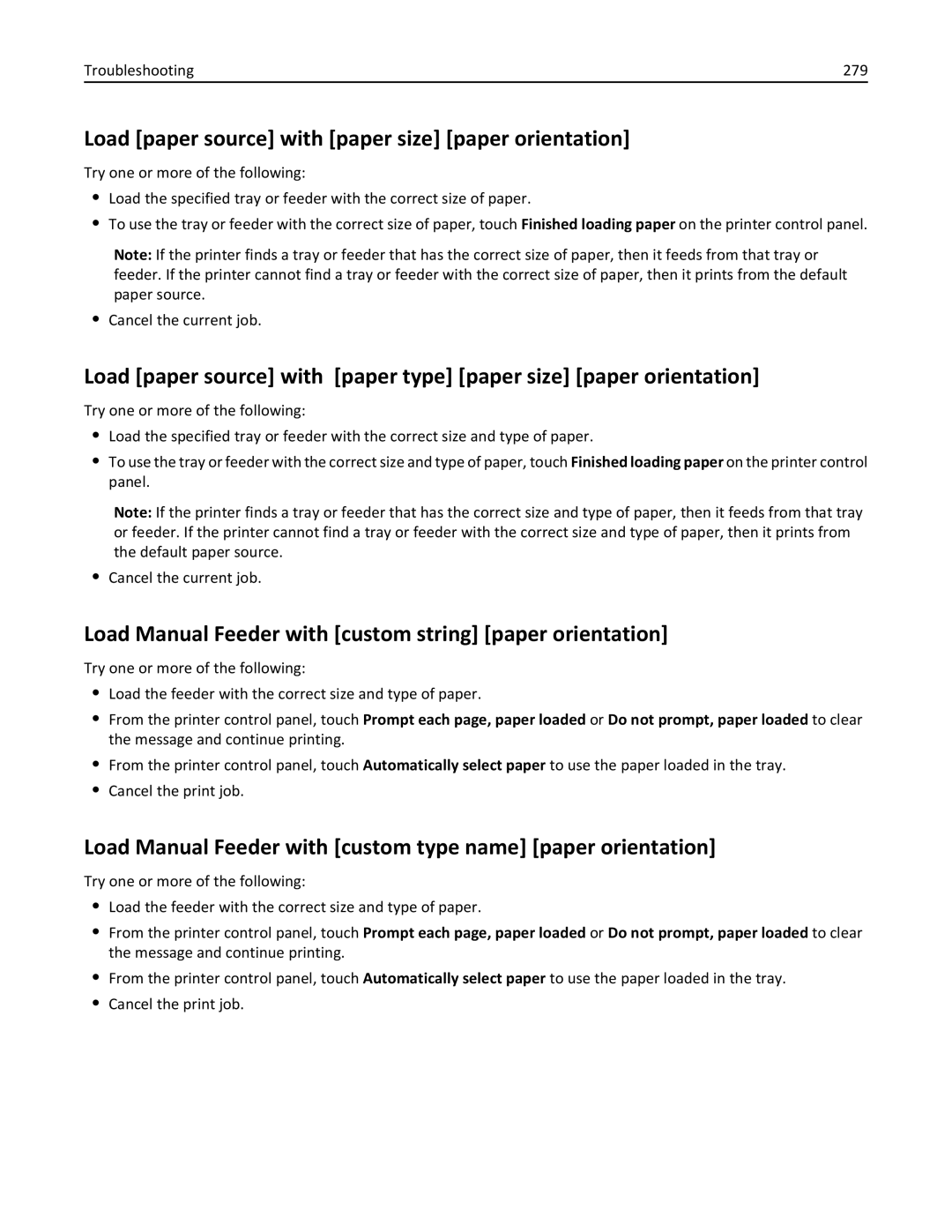 Lexmark 037 Load paper source with paper size paper orientation, Load Manual Feeder with custom string paper orientation 