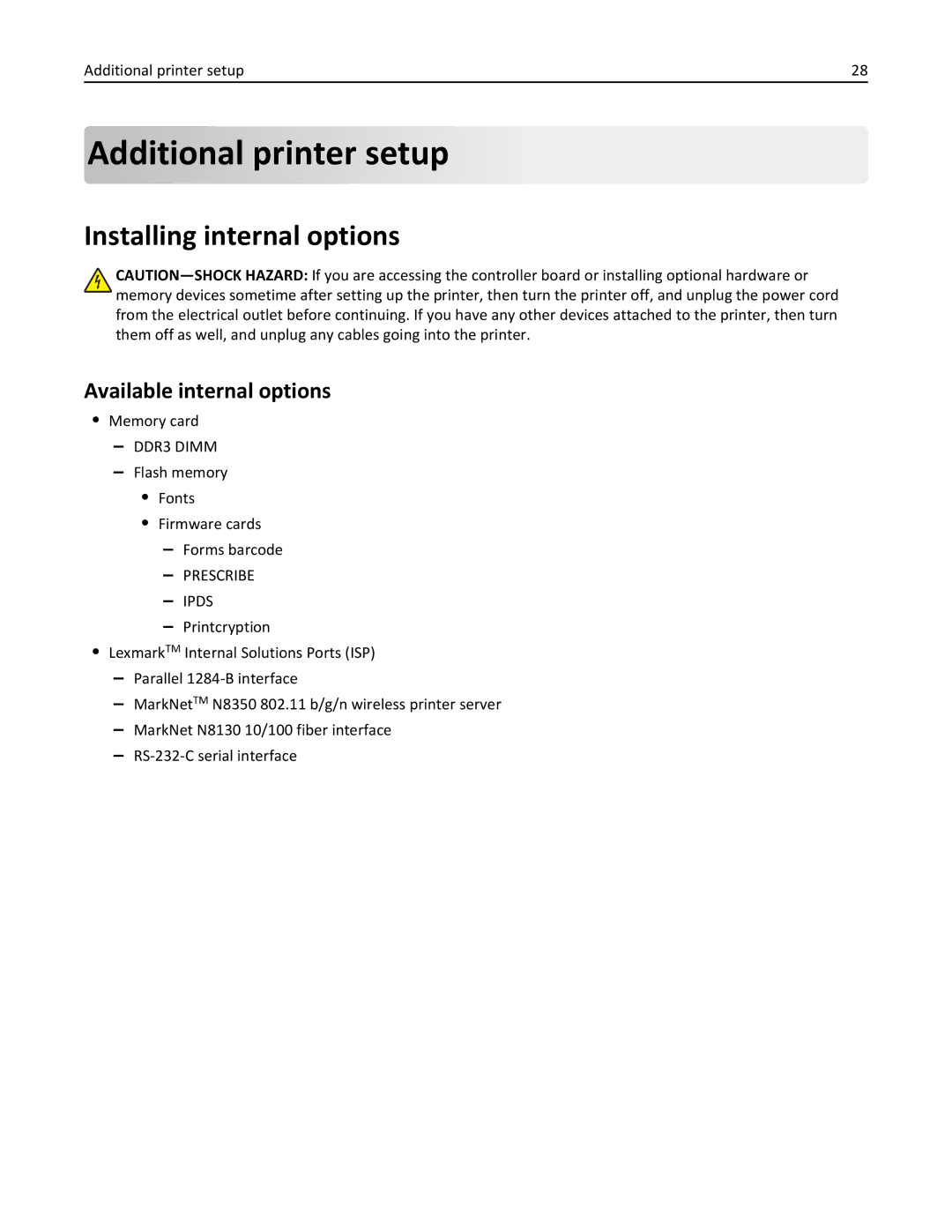 Lexmark 237, MX710DHE, 24T7310, 037 manual Additional printer setup, Installing internal options, Available internal options 