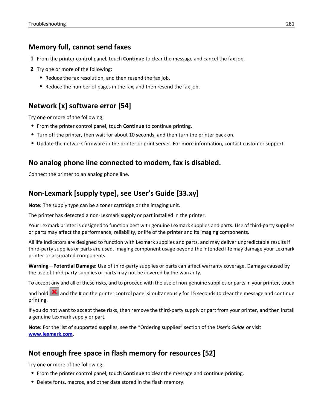 Lexmark MX710 Memory full, cannot send faxes, Network x software error, Non‑Lexmark supply type, see User’s Guide 33.xy 