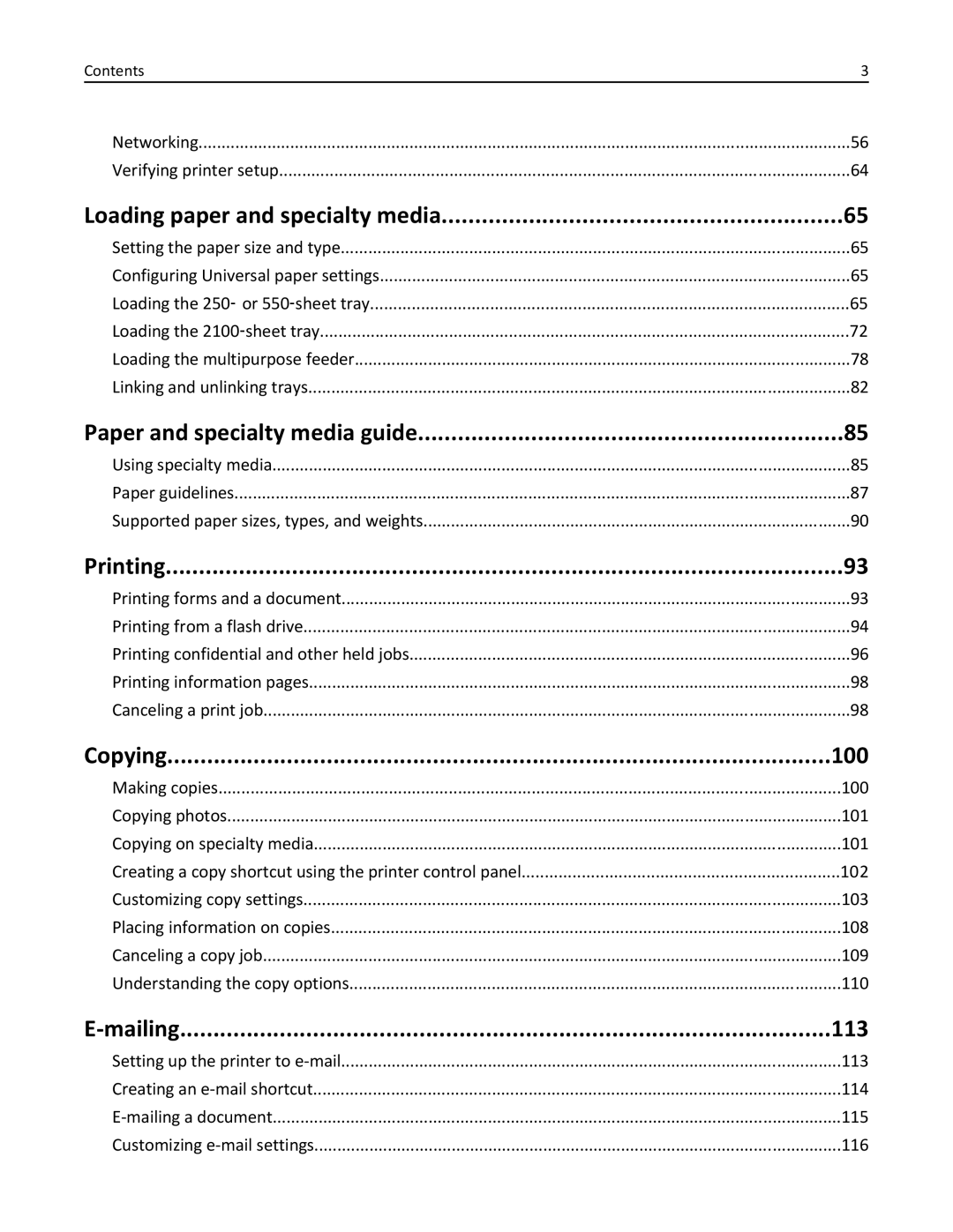 Lexmark 237, MX710 Loading paper and specialty media, Paper and specialty media guide, Printing, Copying 100, Mailing 113 