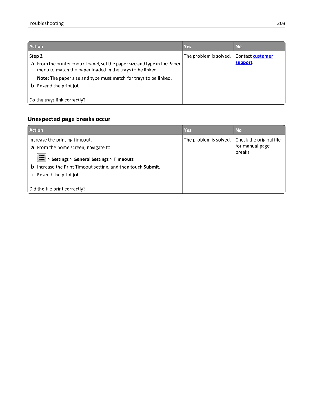 Lexmark 237, MX710DHE, 24T7310, 037 Unexpected page breaks occur, Troubleshooting 303, Settings General Settings Timeouts 