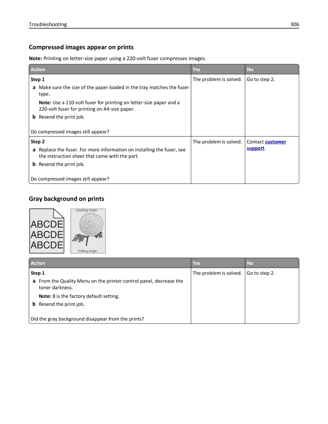 Lexmark MX710DHE, 24T7310, 237, 037 Compressed images appear on prints, Gray background on prints, Troubleshooting 306 