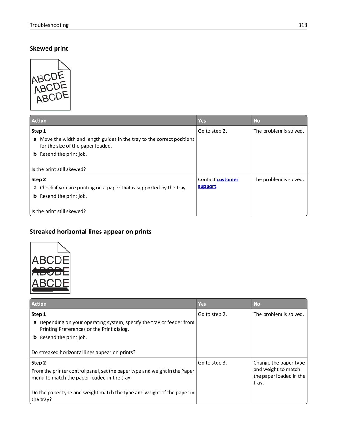 Lexmark 237, MX710DHE, 24T7310, 037 manual Skewed print, Streaked horizontal lines appear on prints, Troubleshooting 318 