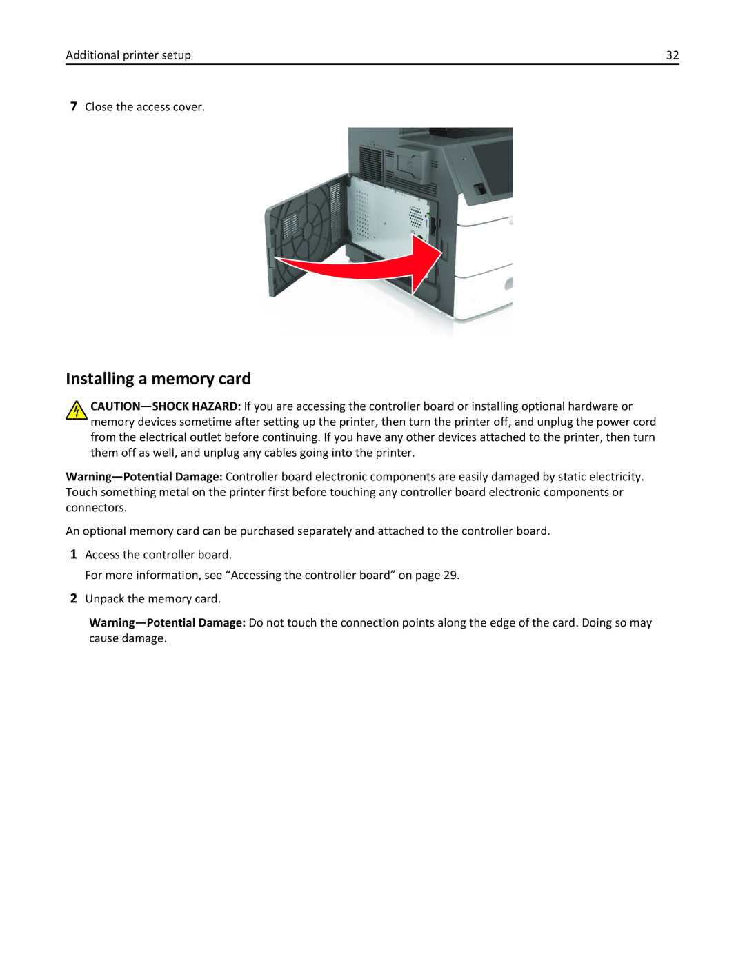 Lexmark 24T7310, MX710DHE, 237, 037 manual Installing a memory card, Additional printer setup Close the access cover 