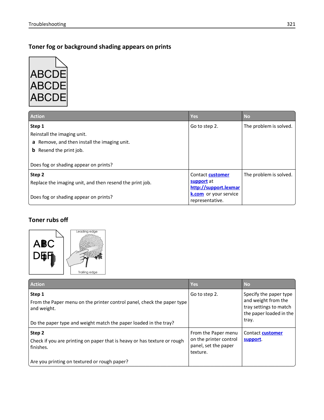 Lexmark MX710DHE, 24T7310, 237 Toner fog or background shading appears on prints, Toner rubs off, Troubleshooting 321 