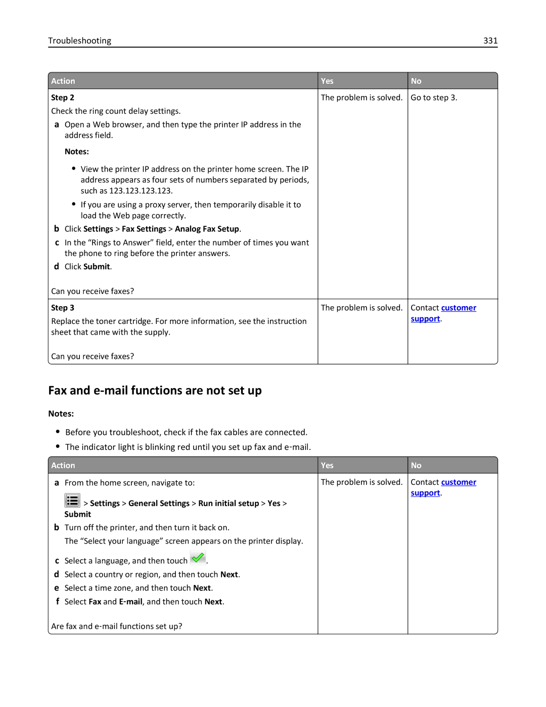 Lexmark MX710, 237 Click Settings Fax Settings Analog Fax Setup, Settings General Settings Run initial setup Yes, Submit 