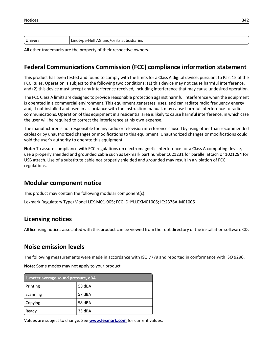 Lexmark 24T7310 Modular component notice, Licensing notices, Noise emission levels, 342, Meter average sound pressure, dBA 