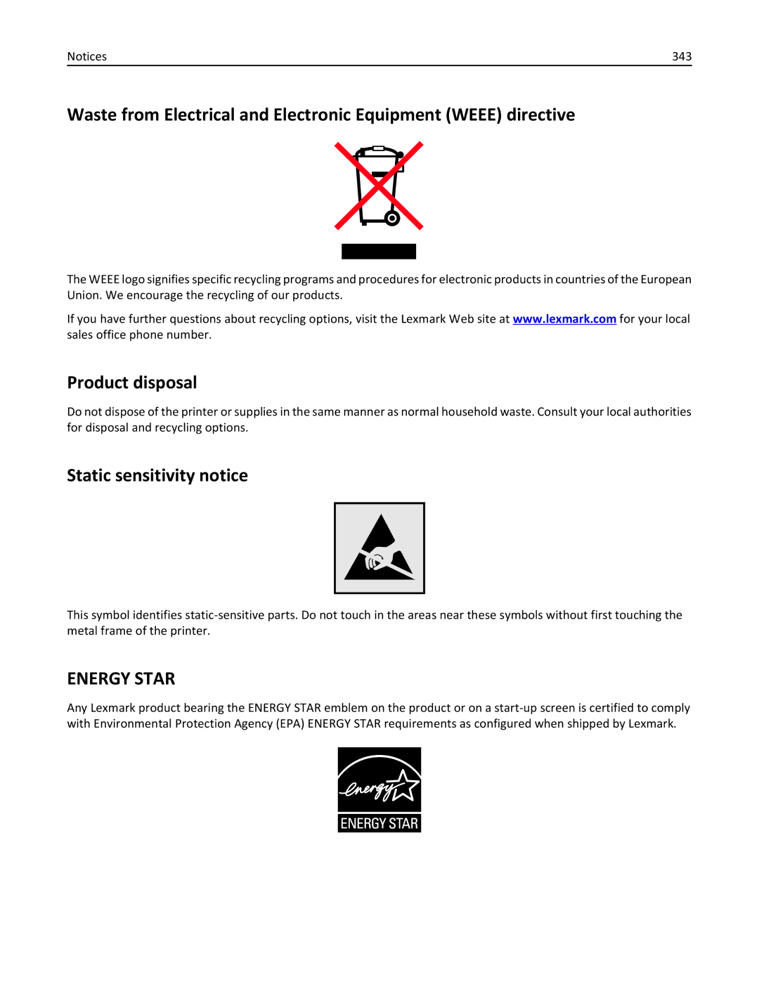 Lexmark 237, MX710DHE, 24T7310, 037 manual Product disposal, Static sensitivity notice, 343 